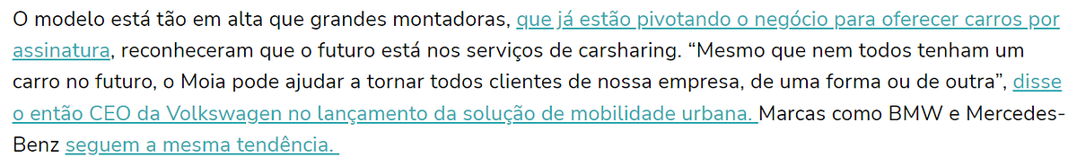 Trecho de reportagem citando montadoras que passaram a apostar em carros por assinatura e a fala do então CEO da Volkswagen sobre carsharing, apontando que BMW e Mercedes-Benz seguem a mesma tendência.