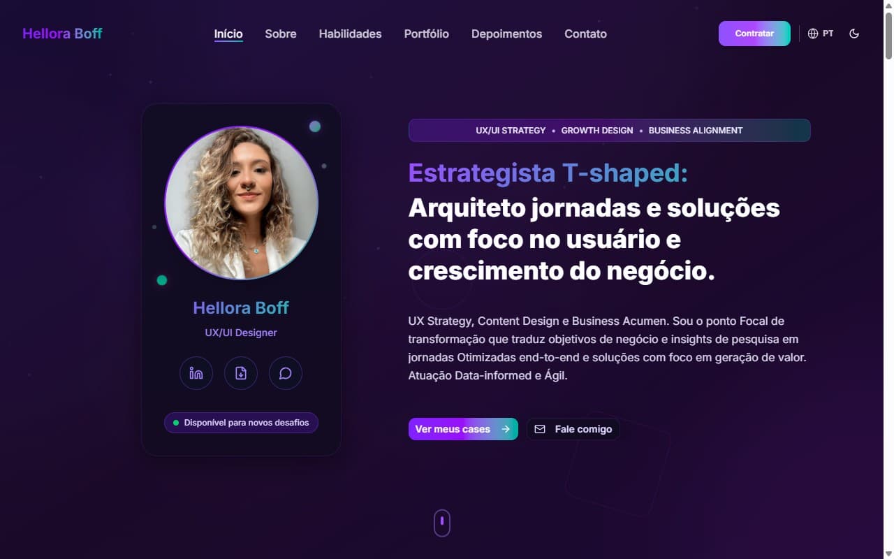 Hero da v1 em tema escuro roxo, com o título Estrategista T-shaped e cartão de perfil apresentando Hellora como UX/UI Designer