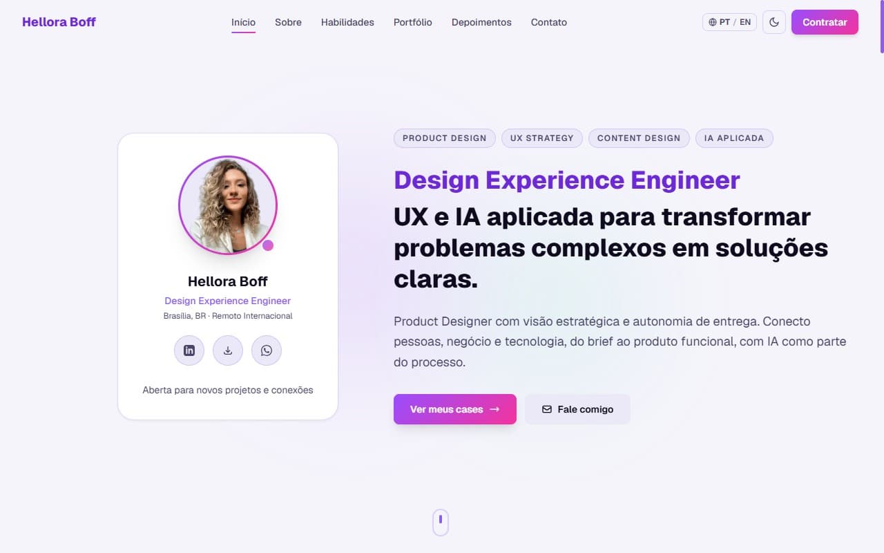 Hero da v2 em tema claro, com o título Design Experience Engineer, chips de especialidade e seletor de idioma PT/EN