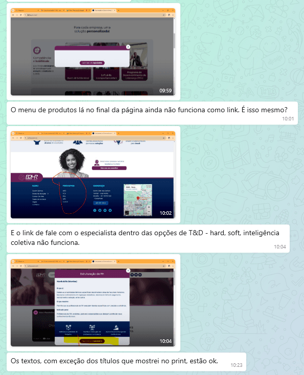 Captura de tela com o feedback do time interno da B2HR sobre o novo site, comentários e anotações usados para ajustar texto, layout e navegação