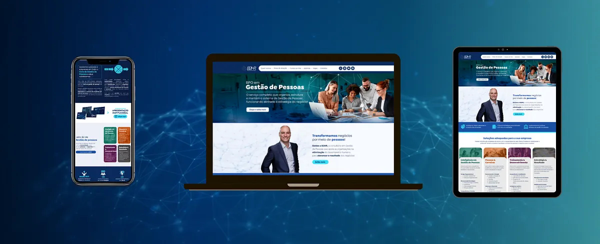 O novo site da B2HR exibido em celular, notebook e tablet, com a home BPO em Gestão de Pessoas em azul-marinho e a chamada Transformamos negócios por meio de pessoas